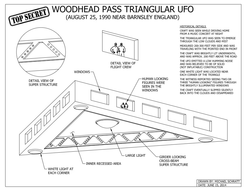 This drawing depicts a large triangular-shaped craft that was seen over the highway near Barnsley, England in 1990.