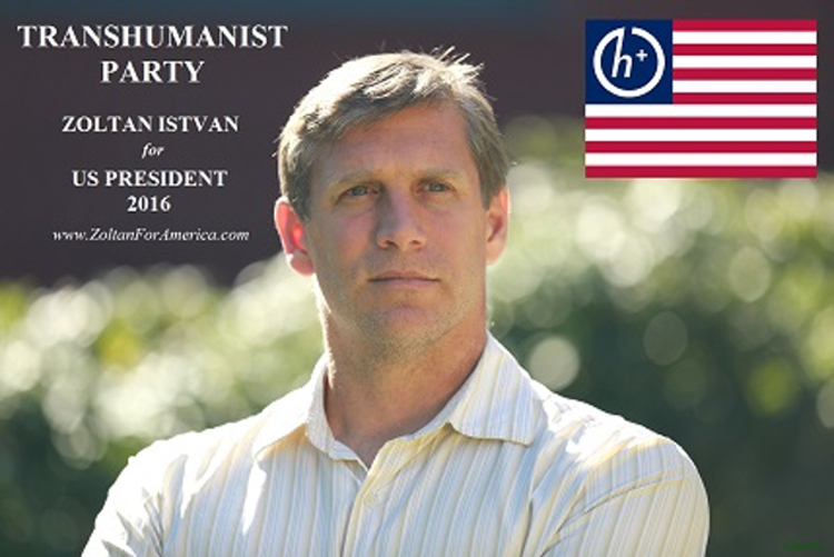 A photo of Zoltan Istvan with a couple of intriguing inserts advertising his presidential campaign, based on the concept of transhuminism. A photo of Zoltan Istvan with a couple of intriguing inserts advertising his presidential campaign, based on the concept of transhuminism.